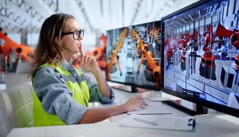 Engineer Analyzes 3D CAD Simulation To Monitor Automotive Factory Production  Stock Photos