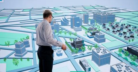 Engineer Analyzes Complex 3D BIM Design On Touchscreen For Urban Construction 写真素材