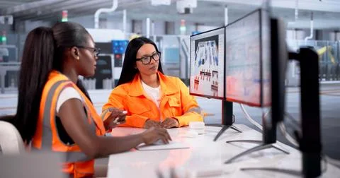 Engineer Analyzes Factory Floor Layout Using Computer Software For Optimizati 库存照片