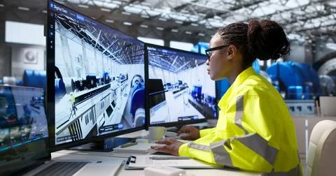 Engineer Analyzes Live SCADA Data On Laptop, Ensuring Power Plant Automation. Foto stock