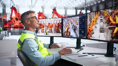 Engineer Analyzes Real-time 3D Factory Simulation Stock Footage 345857492