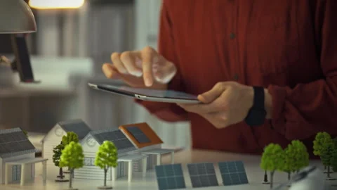 Engineer analyzes solar panel designs on tablet while standing near mini 3D Stock Footage 323765014