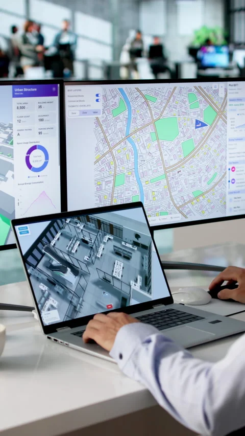 Engineer Analyzes Urban Property Maps Using BIM Stock Footage 334535358