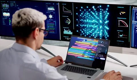 Engineer Analyzing Big Data And AI Model Training With Clustering On Multiple Stockfoto's
