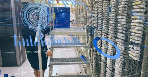 Engineer analyzing data in server room with futuristic digital interface overlay Photos