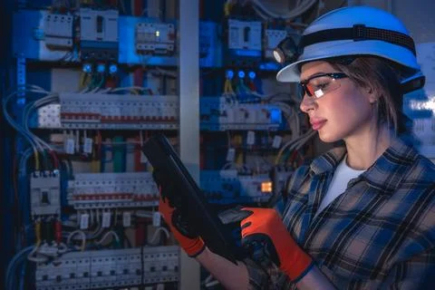 Engineer analyzing electrical system on tablet near switchboard. Industrial.. Stock Photos