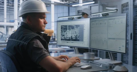 Engineer Analyzing Production Workflows on Dual Screens in Smart Factory Stock Footage 344394504