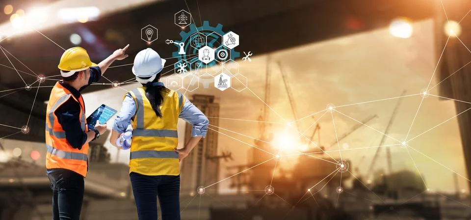 Engineer and Architect analyzing of under construction project with technology 스톡 사진