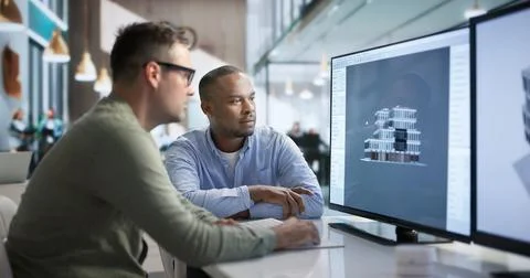 Engineer And Architect Collaborate Closely Using BIM Software On Digital Mode Stock Photos