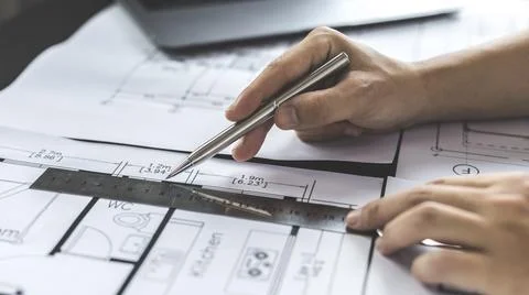 Engineer and Architect concept, Man uses a ruler to measure the floor plan on Stock Photos