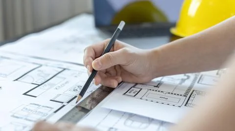 Engineer and Architect concept, Man uses a ruler to measure the floor plan on Stock Photos