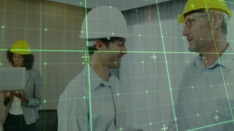 Engineer and architect pausing discussion after input and studying grid overlay Stock Footage 330052719