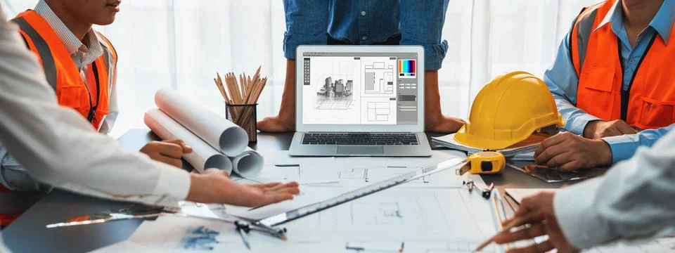 Engineer and architect using architect designing software together. Insight 写真素材