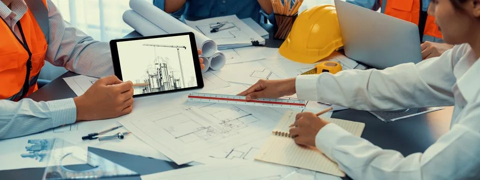 Engineer and architect using architect designing software together. Insight Stock Photos
