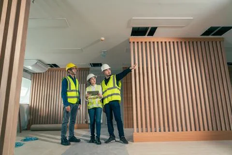 Engineer and architect working discussion plan in construction process interi Stock Photos
