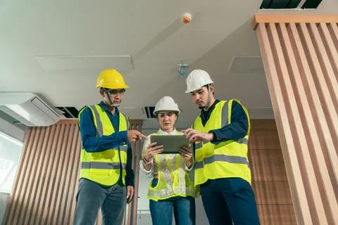 Engineer and architect working discussion plan in construction process interi Stock Photos