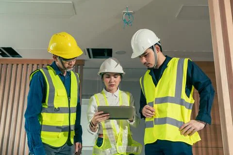 Engineer and architect working discussion plan in construction process interi Stock Photos