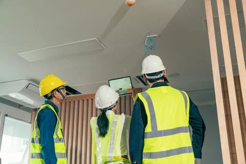 Engineer and architect working discussion plan in construction process interi Stock Photos