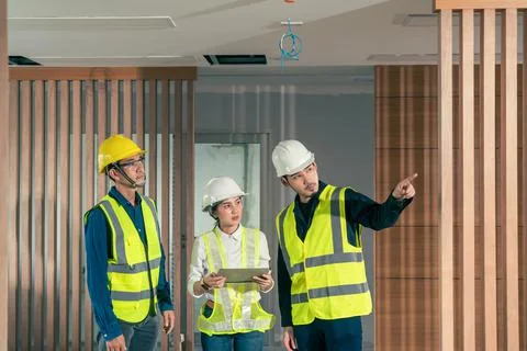 Engineer and architect working discussion plan in construction process interi Stock Photos