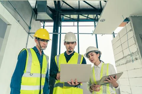 Engineer and architect working discussion plan in construction process interi Stock Photos