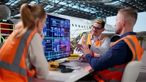 Engineer And Assistants Inspecting Airplane Engine Stock Footage 337629111