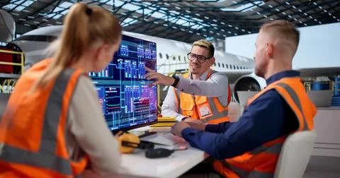Engineer And Assistants Use Computer Software To Check Airplane Engine. 库存照片