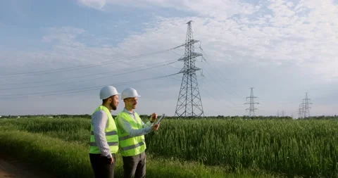 Engineer and colleague work with tablet near power lines Stockbeeldmateriaal 156688632
