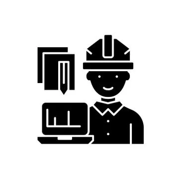 Engineer and computer black icon, vector sign on isolated background. Engineer Illustrazione stock