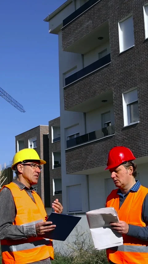 Engineer and Construction Supervisor Reviewing Blueprint at Construction Site Stock Footage 313036939