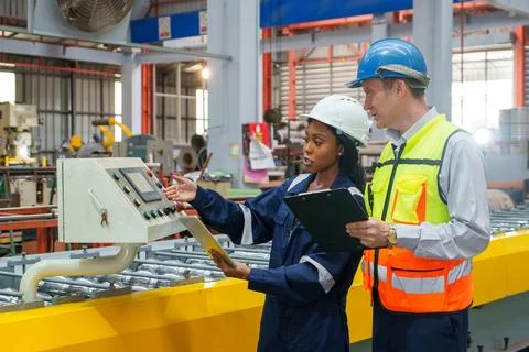 Engineer and Factory Worker Discussing Equipment Operation for Workplace Sa.. 스톡 사진