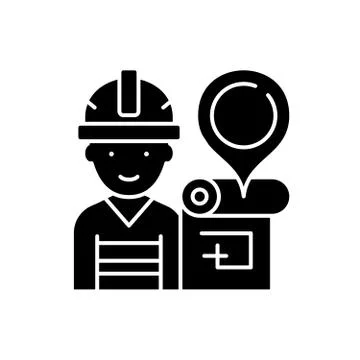 Engineer and house plan black icon, vector sign on isolated background. Engineer Ilustración de archivo