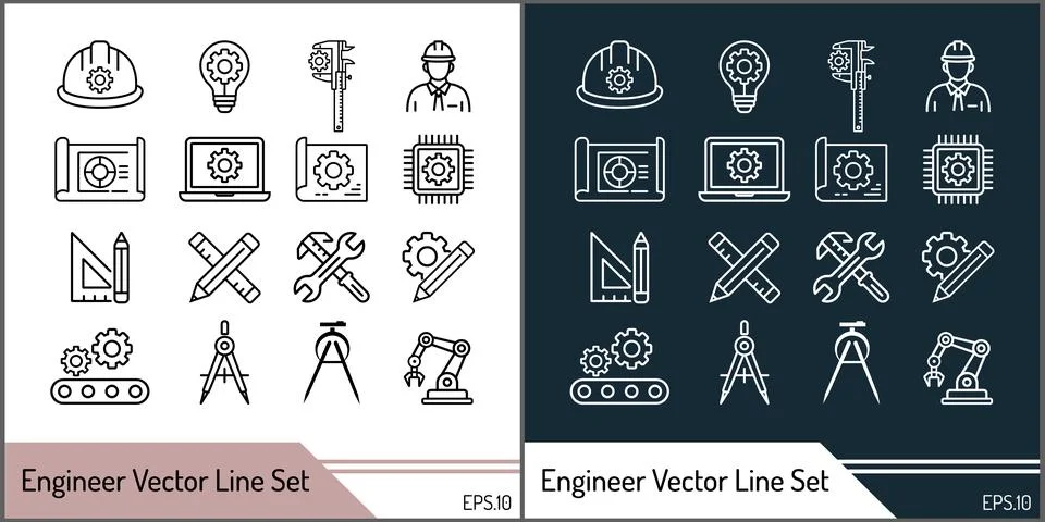 Engineer and Labour vector line art icon set silhouette template design Stock Illustration