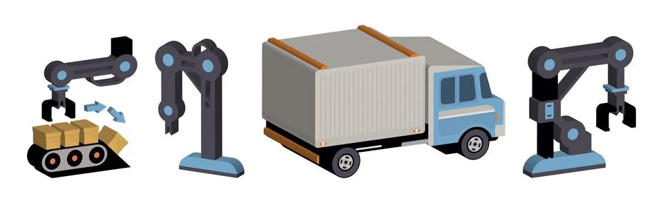 Engineer and Machine Operation and Manufacturing Icons Isometric Vector Set Illustrazione stock