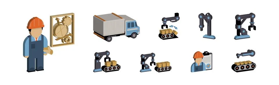 Engineer and Machine Operator Managing and Manufacturing Icons Isometric Vector Stock Illustration