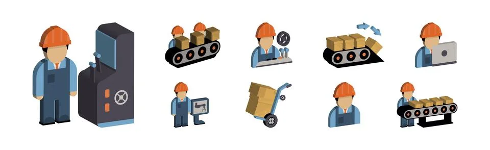 Engineer and Machine Operator Managing and Manufacturing Icons Isometric Vector Illustrazione stock