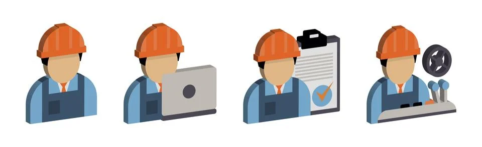 Engineer and Machine Operator Managing and Manufacturing Icons Isometric Vector Stock Illustration