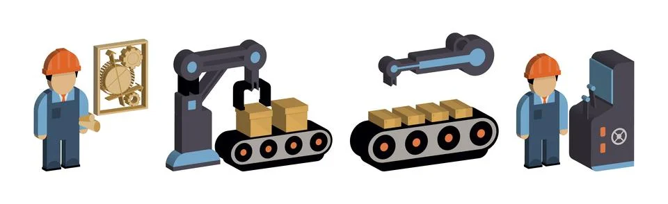 Engineer and Machine Operator Managing and Manufacturing Icons Isometric Vector Illustrazione stock