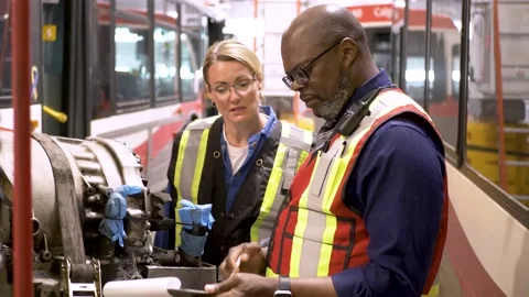Engineer and mechanic inspecting bus engine in maintenance facility Stock Footage 221035735