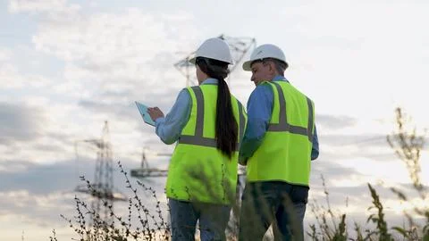 Engineer and safety inspector with tablet walk to power transmission lines Stock Photos
