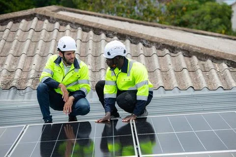 Engineer and technician inspects solar panel installation and test the ope... Stock Photos