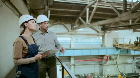 Engineer and Technician Overseeing and Discussing Factory Equipment Stock Footage 296261793