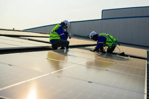 Engineer and technician using laptop checking solar panels system Stock Photos