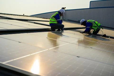 Engineer and technician using laptop checking solar panels system 스톡 사진