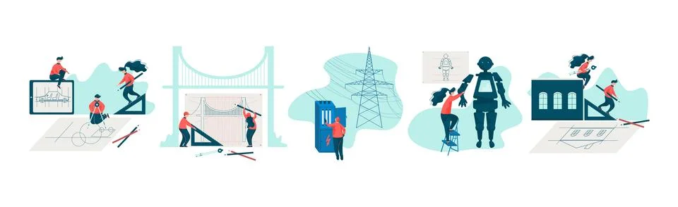 Engineer and Technology with Man and Woman Specialist Invent, Build and Design Stock Illustration