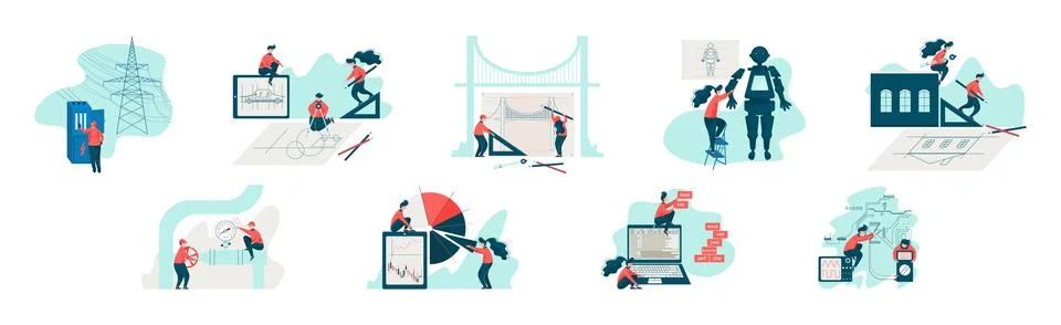 Engineer and Technology with Man and Woman Specialist Invent, Build and Design Illustrazione stock
