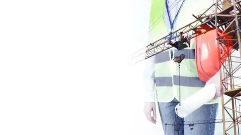 Engineer and tower crane on white background, double exposure. Banner desig.. 스톡 사진