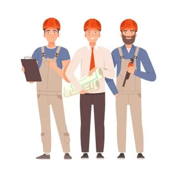 Engineer and two builders with tools. Vector illustration. Stock Illustration