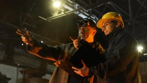 Engineer and Worker Have Conversation in Foundry. Engineer Using Tablet. Roug Stock Photos