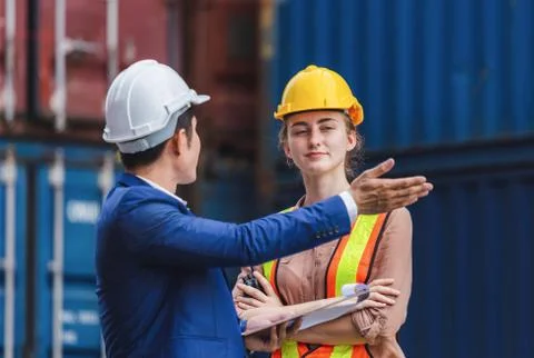 Engineer and worker team checking containers box from cargo, Logistic and team Photos