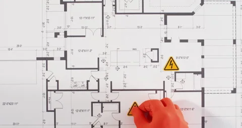 Engineer applies electrical warning stickers onto floor plan Video stock 277562756